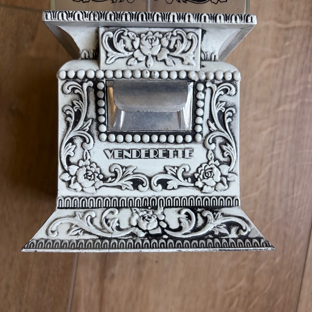 Vintage Venderette Candy Nut Dispenser Ornate White Black Cast Metal Glass Decor - Picture 10 of 11